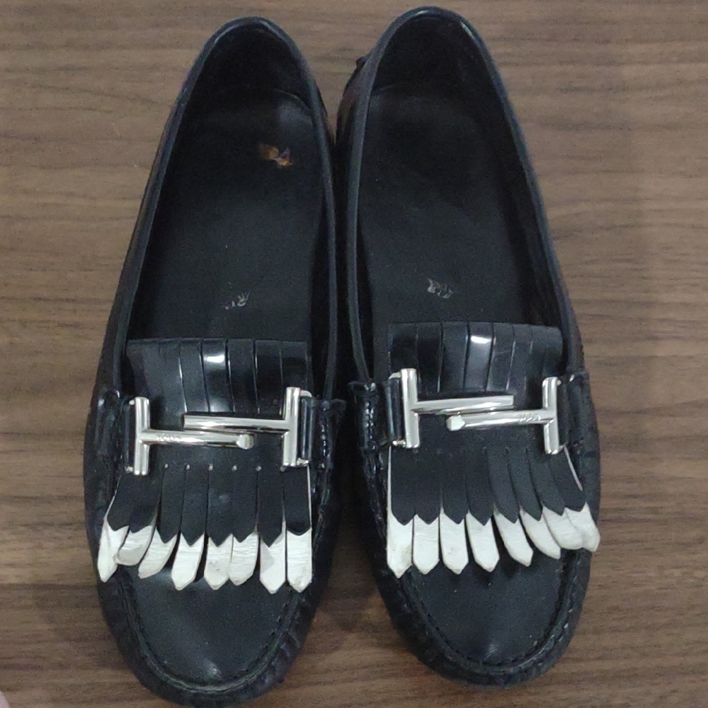 Tod's Black Leather Fringe Loafers with White-Tipped Detail and Silver Bit